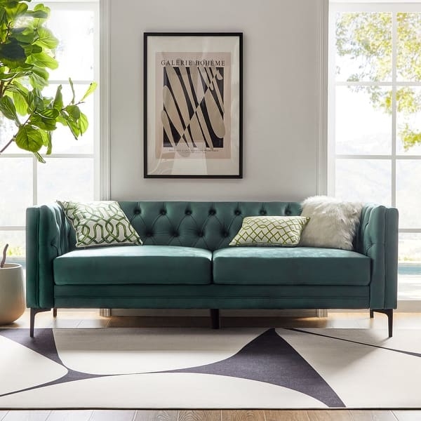 Mid Century Modern Blue Sofa Teal Tufted Back Square Arms