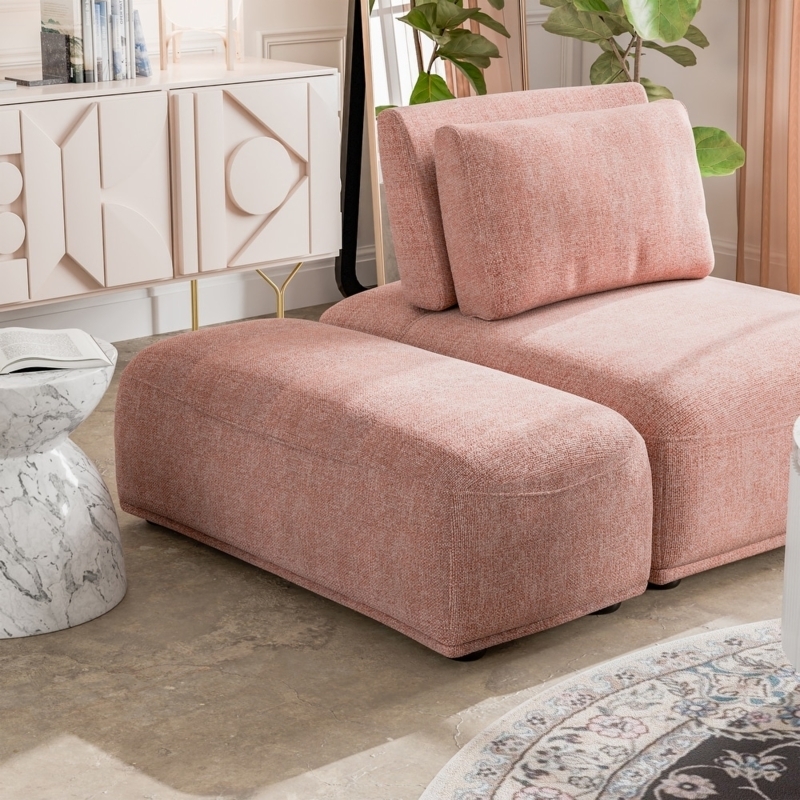 Mid-Century Modern Blush Ottoman with Tapered Wood Legs