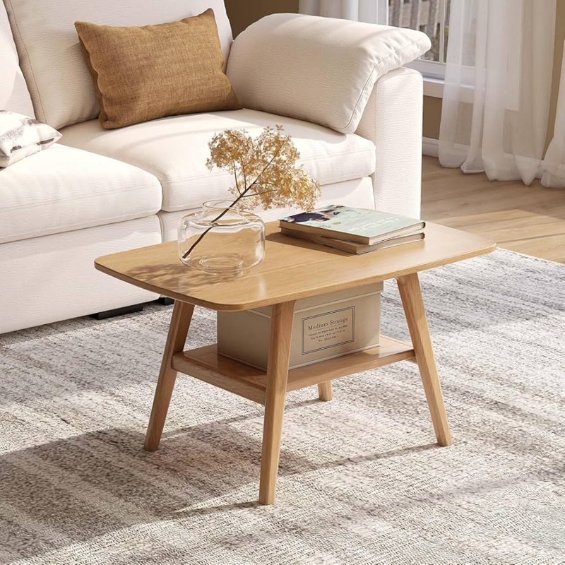 Mid Century Modern Coffee Table. Rounded Corners, Tapered Legs, Shelf.