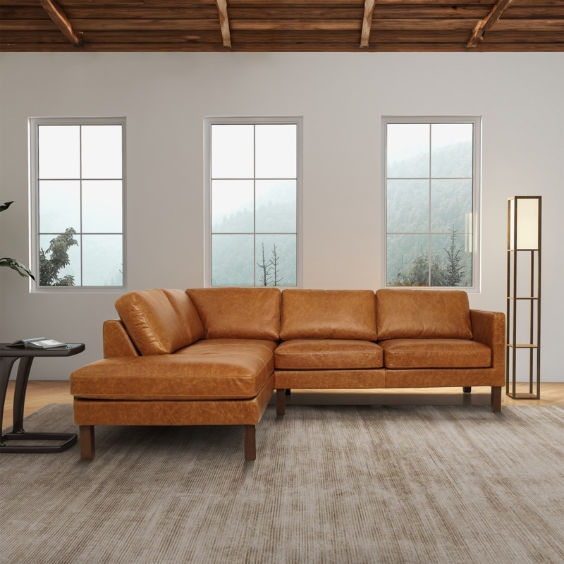 Mid-Century Modern Cognac Leather-Like Sectional with Tufted Seat