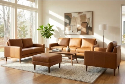 Mid-Century Modern Cognac Leather Living Room Set