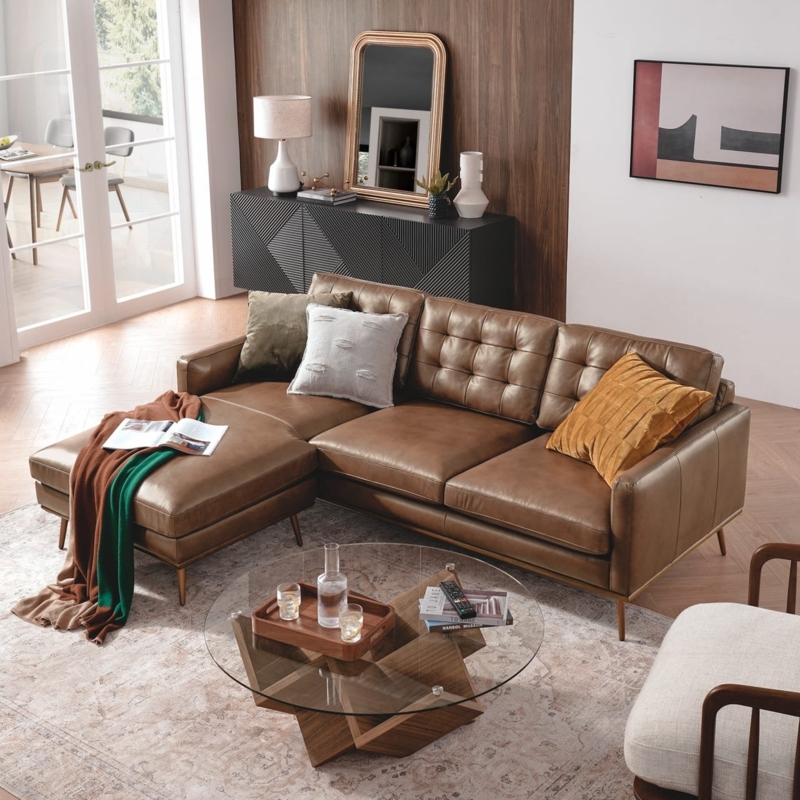 Mid-Century Modern Leather Sofa Cognac Tufted Seat Track Arms