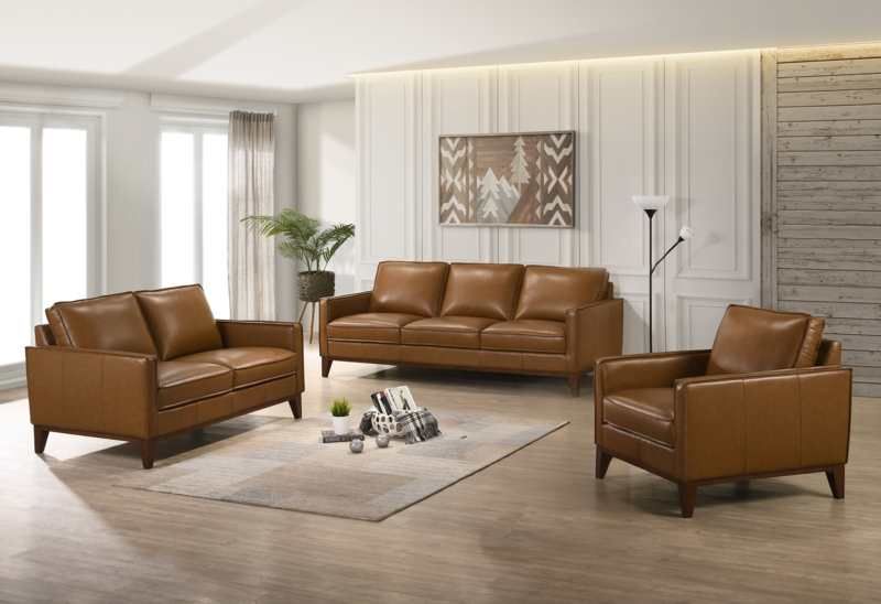 Mid Century Modern Living Room Set Espresso Leather Like Grid Tufted