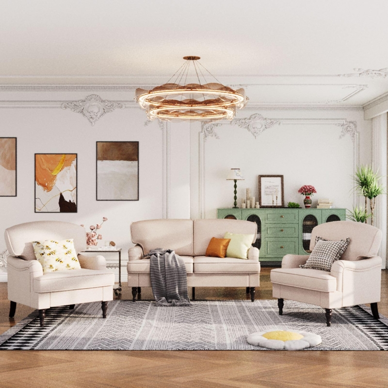 Mid-Century Modern Living Room Set Off-White with Tapered Wood Legs
