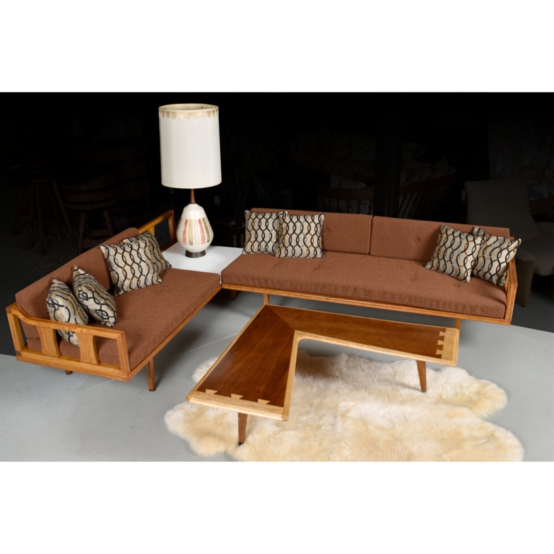 Mid-Century Modern Oak Sectional Sofa with Integrated End Table