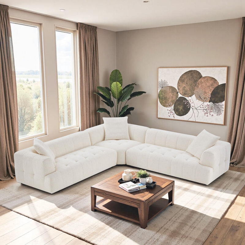 Mid Century Modern Sectional Sofa L Shaped with Rounded Corners Boucle