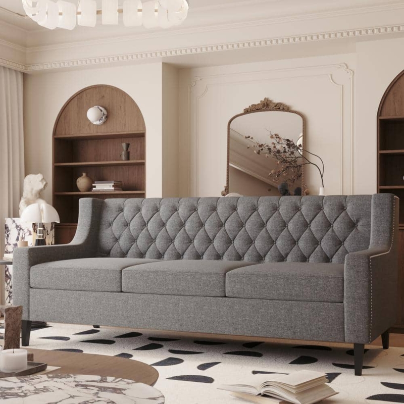 Mid-Century Modern Sofa Charcoal Grey Slope Arms Tapered Legs