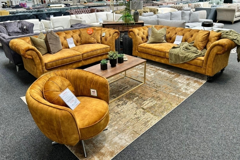Mid-Century Modern Sofa Mustard Velvet with Tapered Wood Legs