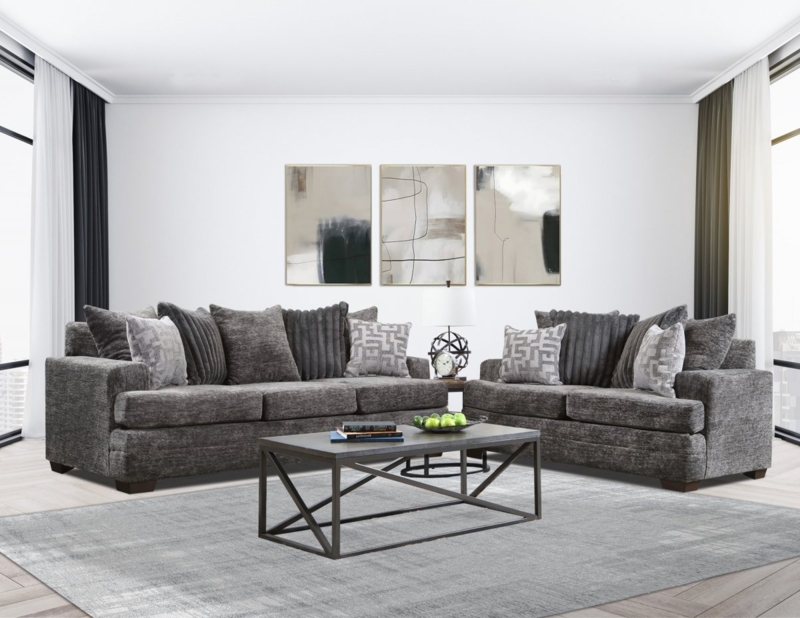 Mid-Century Modern Sofa Set Tapered Legs Charcoal Upholstery