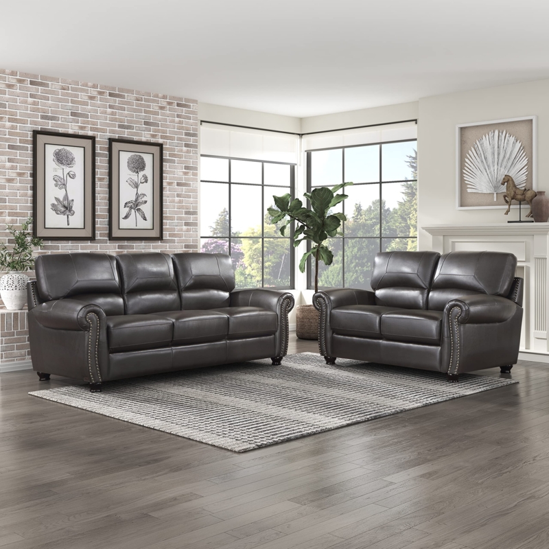Mid-Century Modern Sofa Set with Dark Brown Button Tufted Seating