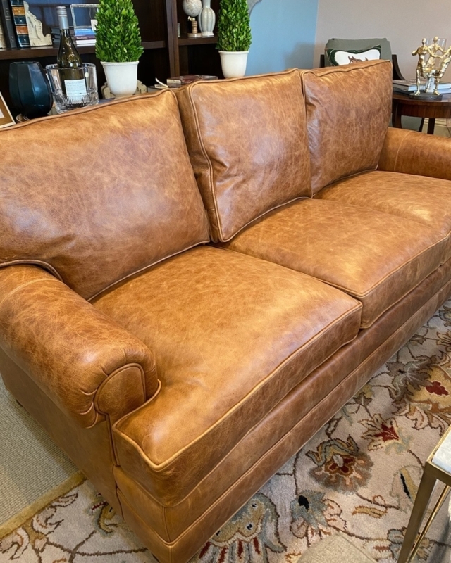 Mid-Century Modern Sofa with Tufted Seat in Cognac Finish