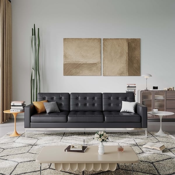 Mid-Century Modern Splayed Leg Sofa: Beige Vertical Channel Stitching