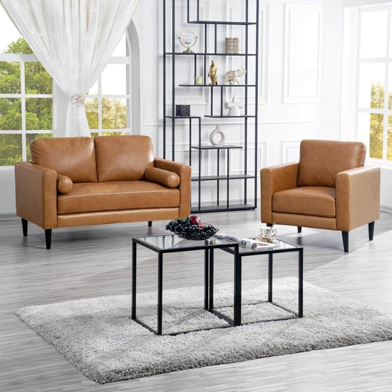 Mid-Century Modern Tan Faux Leather Living Room Set, Button Tufted