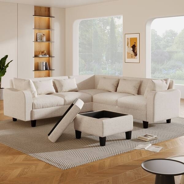 Mid-Century Sectional Sofa Square Tufted Seats Tapered Legs Light Gray