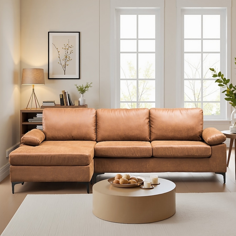Mid-Century Sectional Sofa Tapered Legs Cognac Tufted Seat