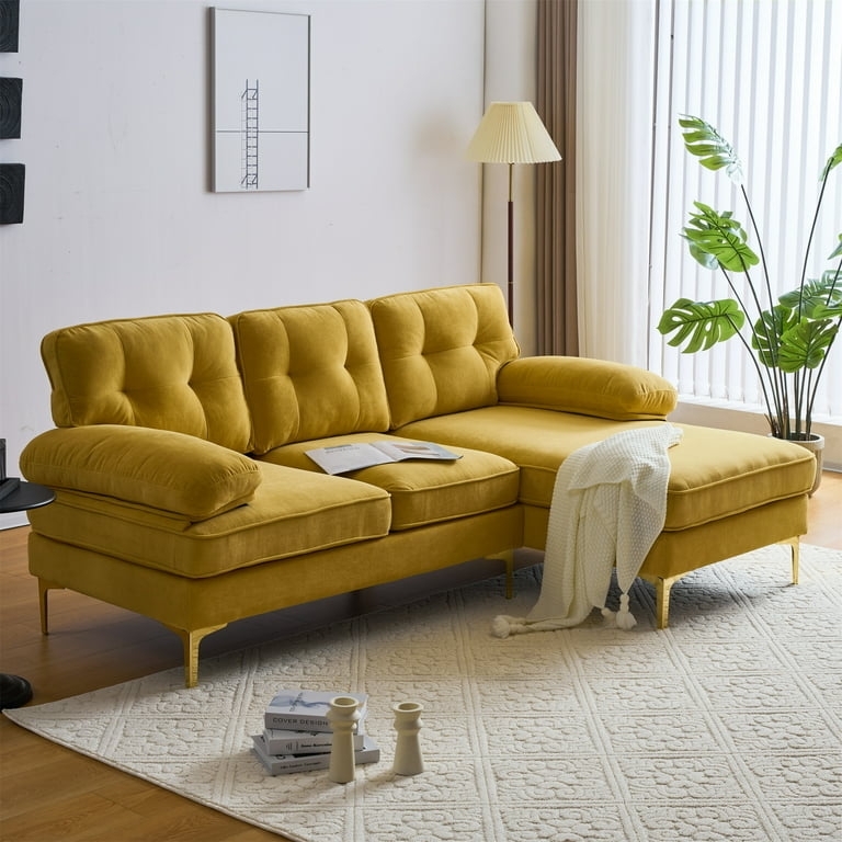 Mid-Century Sectional Sofa Vibrant Yellow Velvet Tufted Back Chaise