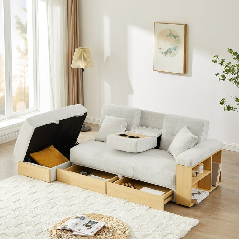 Mid-Century Sectional Sofa with Armrest Storage Rack and Drawers