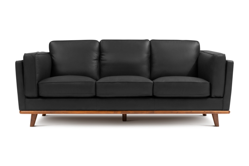 Mid-Century Sofa Black Leather-Like Tapered Wood Legs Exposed Base