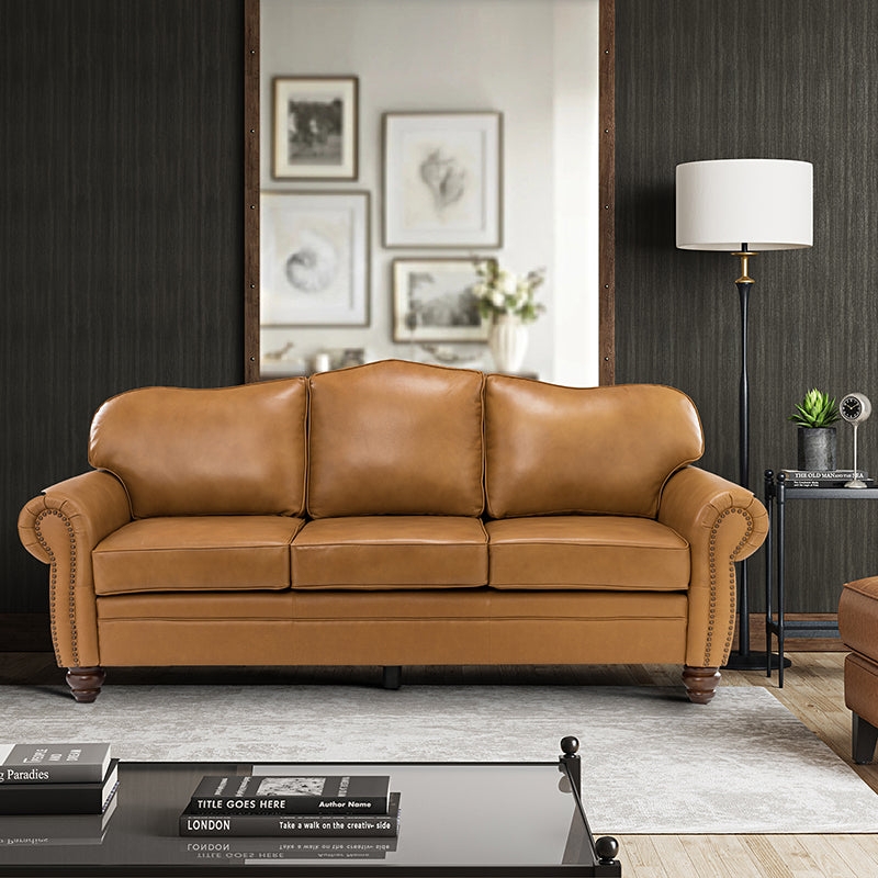 Mid-Century Sofa Camel Leather-Like Tapered Wood Legs Classic