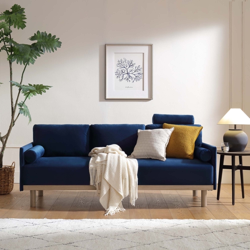 Mid-Century Sofa in Blue Velvet with Exposed Wooden Base