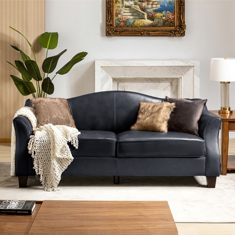 Mid-Century Sofa Navy Blue Leather-Like Vertical Channeling