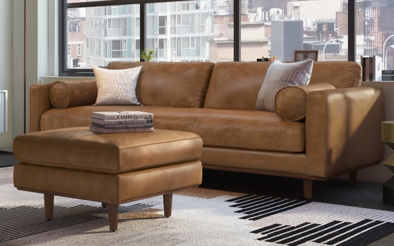 Mid Century Sofa Ottoman Set Cognac Leather Like Grid Tufted Bolsters