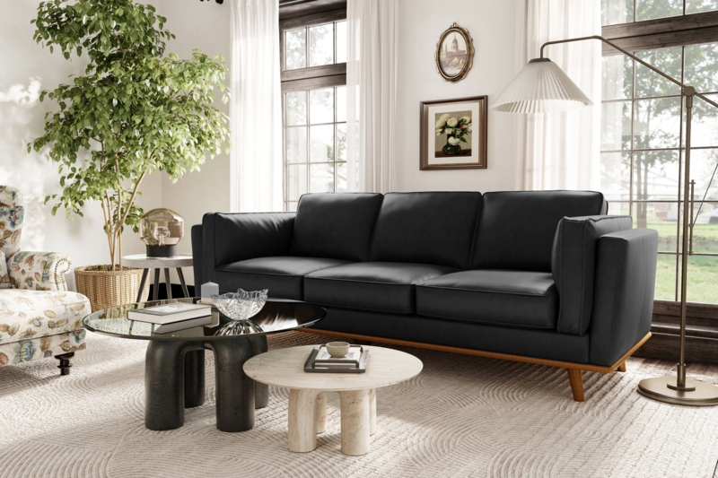 Mid-Century Three Seat Sofa with Exposed Wood Base, Black Leather-Like