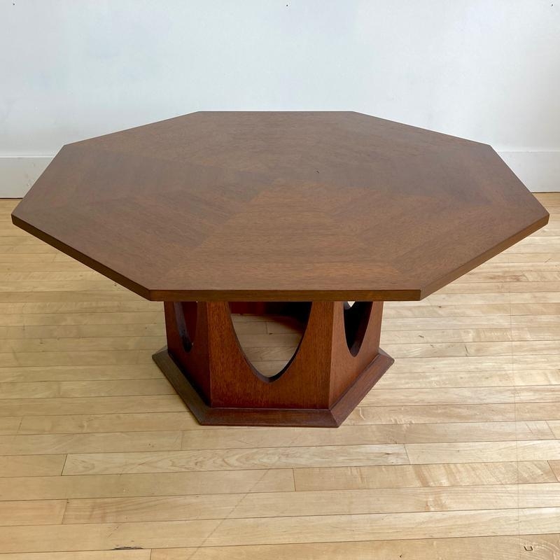 Mid-Century Walnut Octagonal Coffee Table with Cross-Stretcher Base