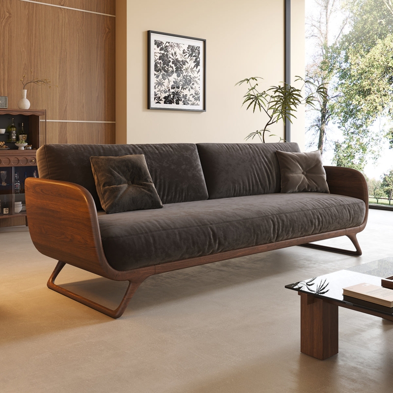 Mid-Century Walnut Wood Sofa with Slat Back Frame
