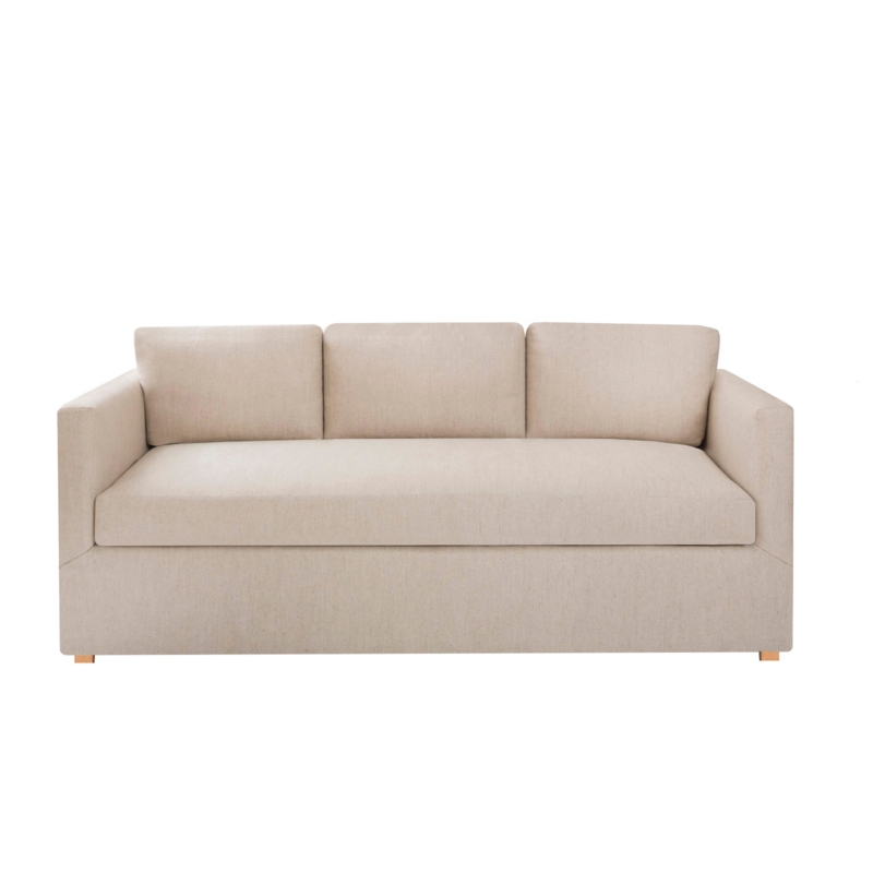 Minimalist Beige Tuxedo Sofa featuring an Exposed Wood Base