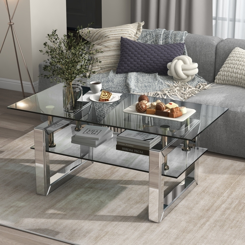 Minimalist Coffee Table in Clear Tempered Glass with Waterfall Edge