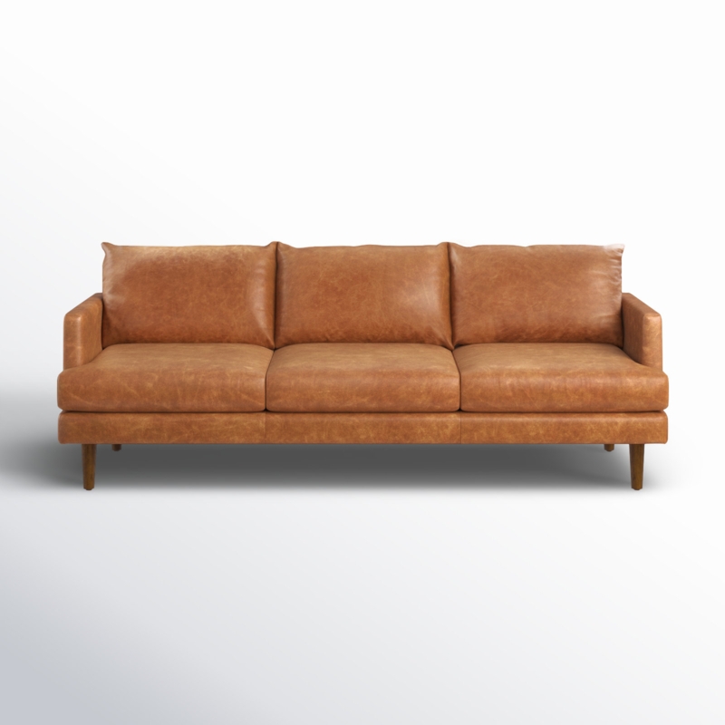 Minimalist Cognac Leather Sofa with Tapered Wood Legs