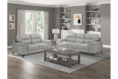 Minimalist Grey Leather-Like Sofa with Clean Track Arms