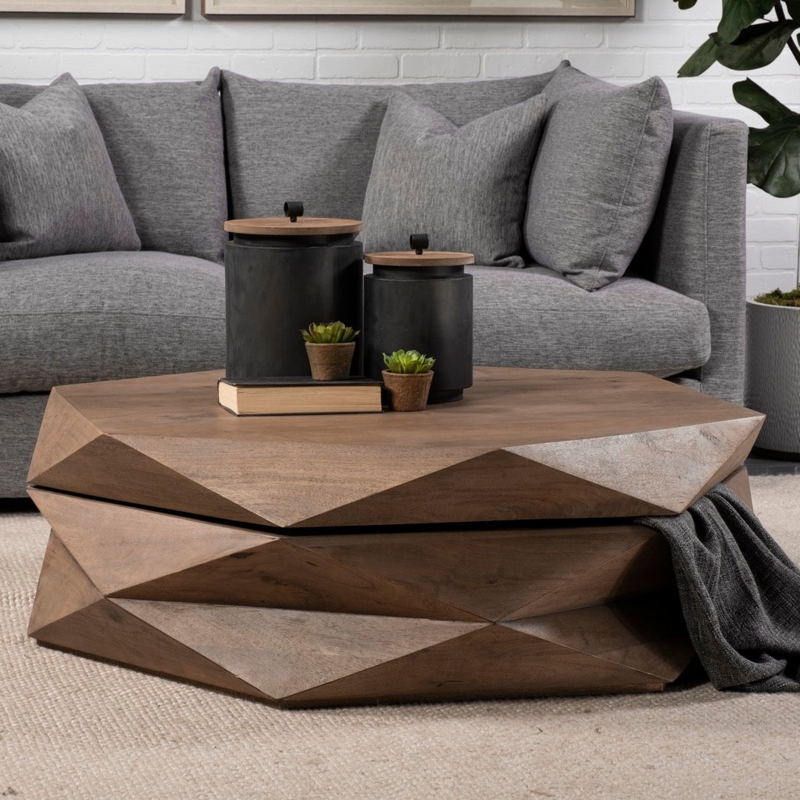 Minimalist Hexagonal Coffee Table, Light Wood Tapered Pedestal Base