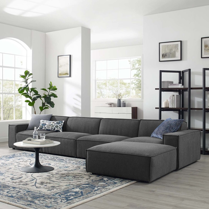 Minimalist L-Shaped Sectional Sofa Dark Woven Fabric