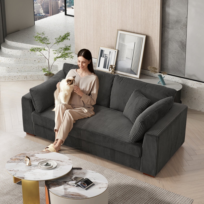 Minimalist Light Beige Corduroy Sofa: Low Profile Deep Seating