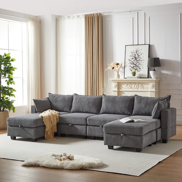 Minimalist Sectional Sofa with Ribbed Corduroy Surface in Dark Grey