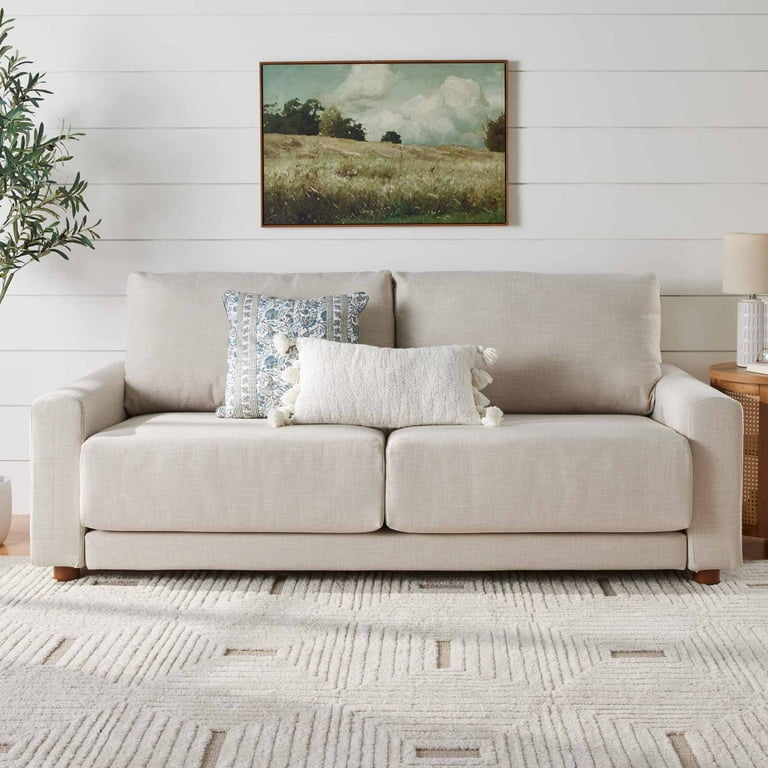 Minimalist Sofa Beige Linen Like Fabric Tapered Wood Legs