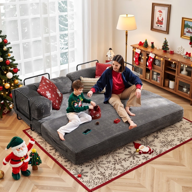 Minimalist Sofa Gray Corduroy Low Profile Block Feet