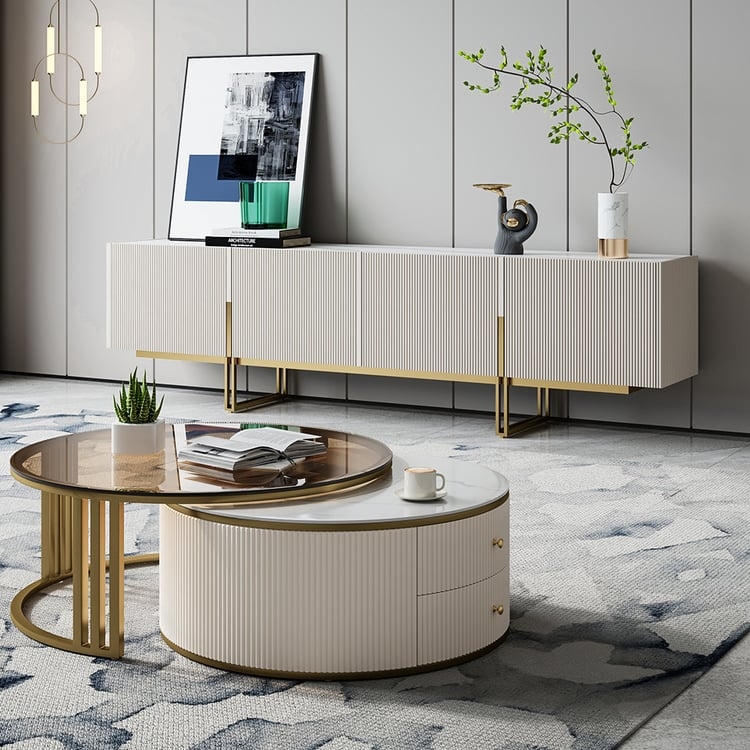 Minimalist TV Stand with Ribbed Panels and Nesting Coffee Tables