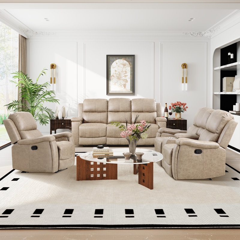 Minimalist Wheat Faux Leather Reclining Living Room Set