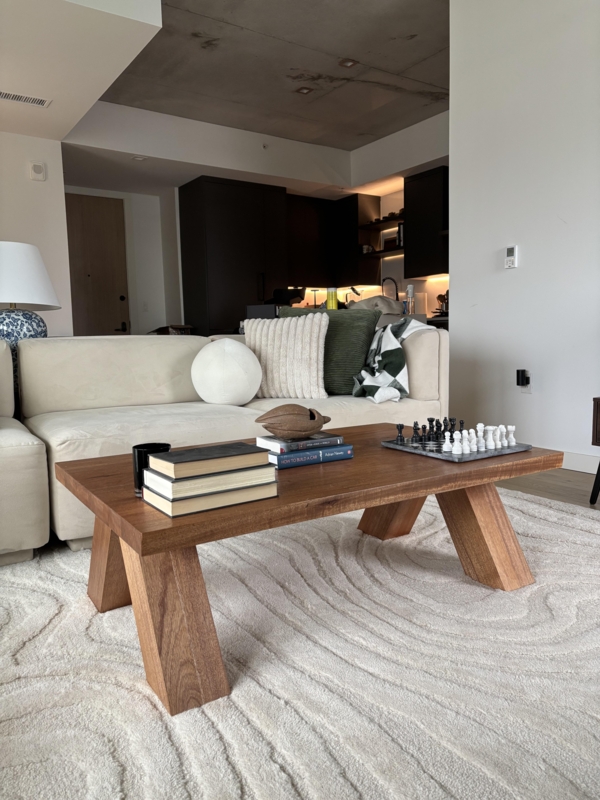 Minimalist Wood Coffee Table with Slatted Shelf and Rounded Corners