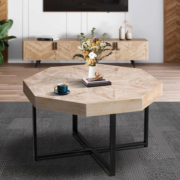 Minimalist Wood Octagonal Coffee Table with Black Metal X-Base Legs