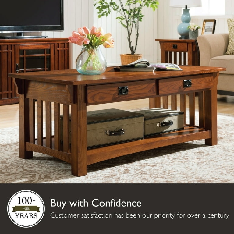 Mission Style Coffee Table. Slatted Sides, Two Drawers, Medium Oak Finish.