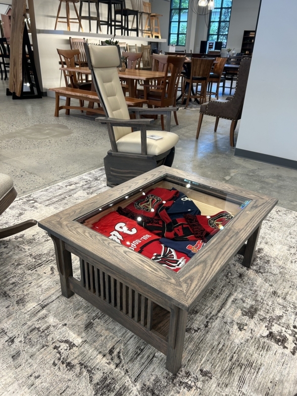 Mission Style Coffee Table with Glass Display Top and Slatted Sides