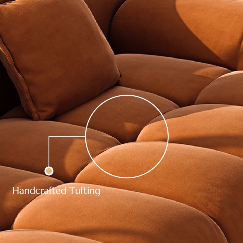 Modern Biscuit Tufted Modular Couch in Vibrant Orange Velvet