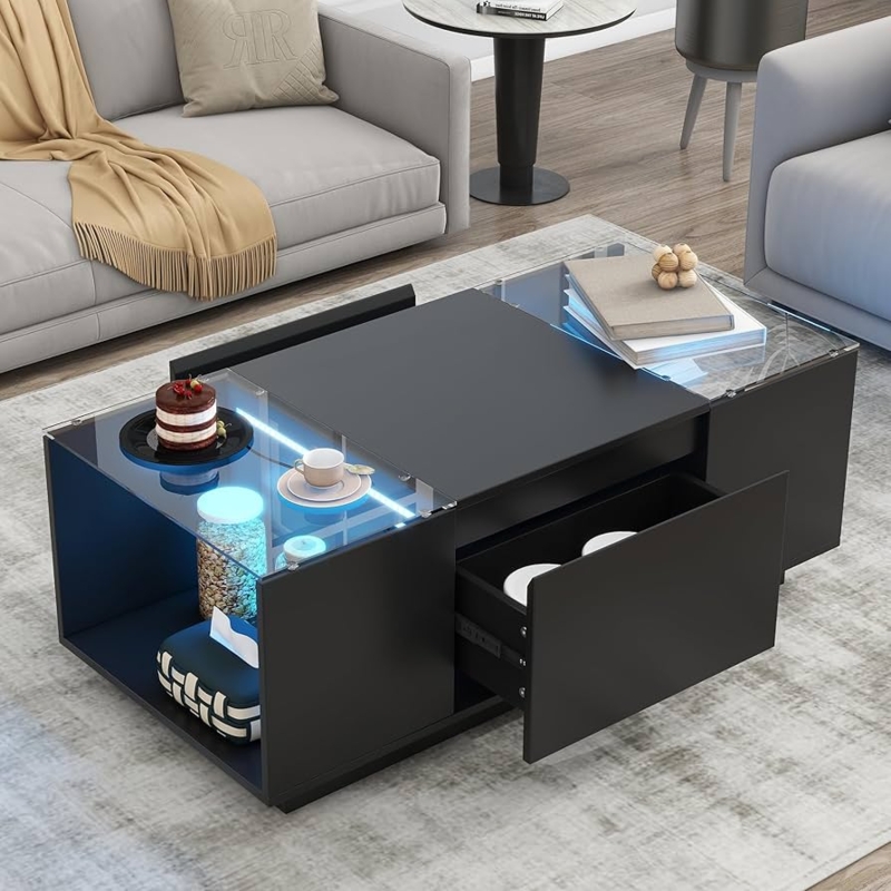 Modern Black LED Coffee Table with High-Gloss Finish and Glass Top
