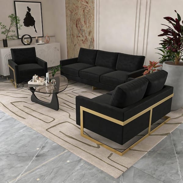Modern Black Velvet Living Room Set with Gold Metal Frame