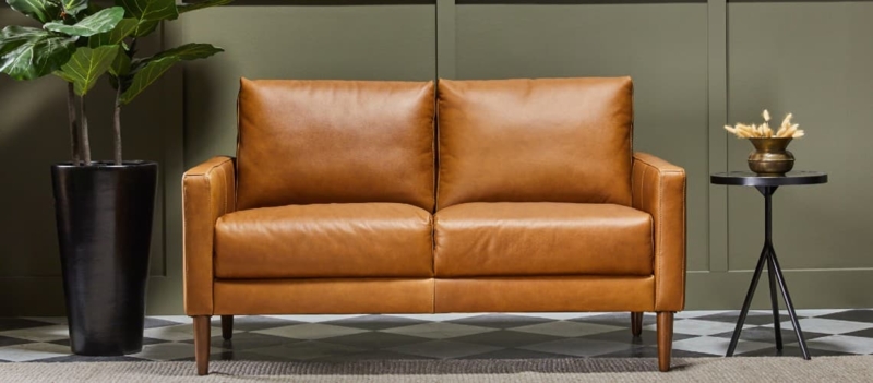 Modern Camel Leather-Like Sofa with Tapered Wood Legs and Bolsters