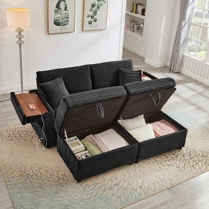 Modern Charcoal Chenille Loveseat Set with Ottoman and Integrated Table